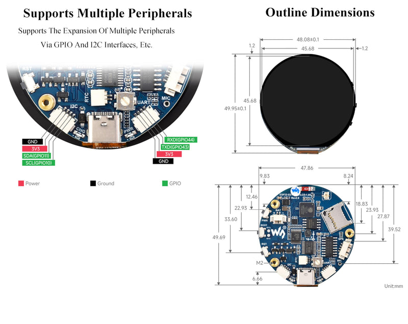 ESP32-S3 1.85inch Round Display Development Board, 360×360 IPS LCD, Dual-Core Processor Up to 240MHz, Audio Codec, Support Offline Speech Recognition and AI Speech Interaction, with 8Ω 2W Speaker