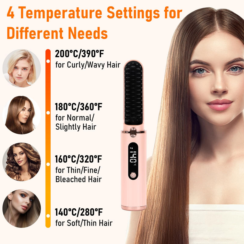 Cordless Hair Straightener Brush, Portable Hot Comb Hair Straightener Negative Ion Hair Straighteners Comb for Women 4 Temperature Beard Straightener Brush USB Rechargeable Anti-Scald Auto-Off