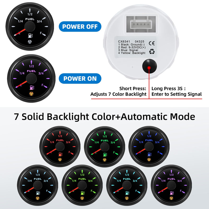 240-33ohm Fuel Sending Unit & Gauge Combo - 5-27" Fuel Tank Sensor, 7-Color Backlight with 5 Signal, Waterproof Fuel Level Gauge for Boats, Marine, Trucks, Automotive (Black) Black 5"-27"