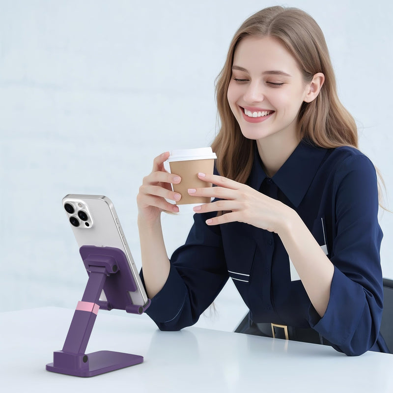 Cell Phone Stand for Desk, Adjustable Height & Angle Phone Holder, Foldable Portable Stand with Anti-Slip Silicone Pad, Compatible with iPhone and All Smartphones 4–8 Inch, Purple