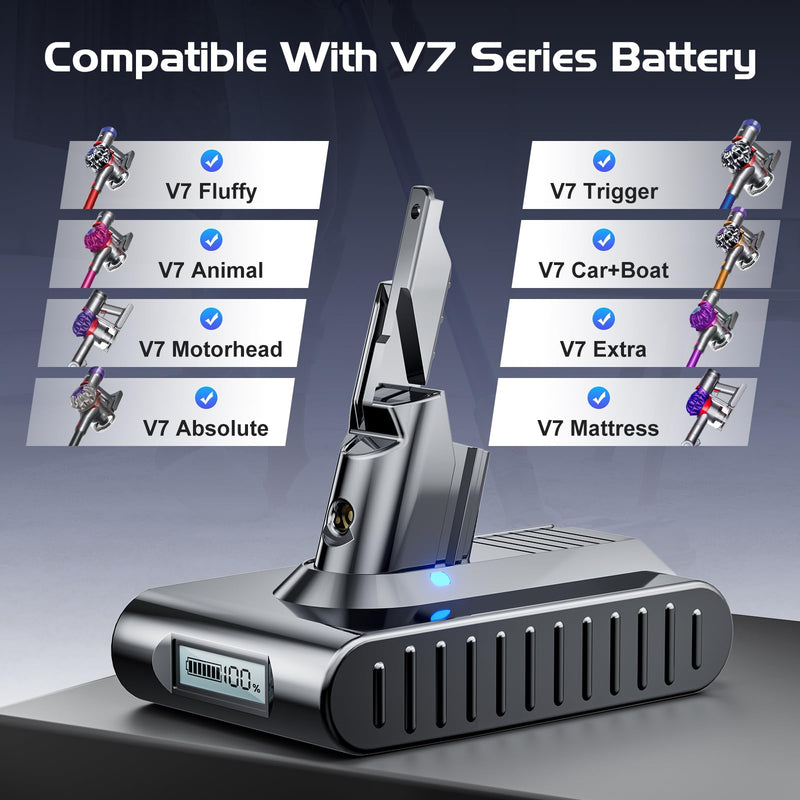 LED Display 10000mAh 21.6V Replacement for Dyson V7 Battery Compatible with SV11 Motorhead Animal Trigger HEPA Car+Boat Absolute Handheld Vacuum Cleaners Matte silver