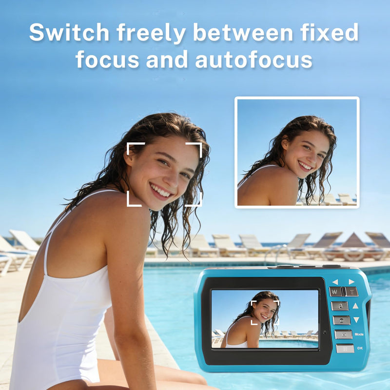 Underwater Camera 4K 48MP, Dual-Screen Waterproof Digital Camera, 10.83FT Dive for Swimming Travel, 16X Zoom Fill Light, 32GB Card, Blue