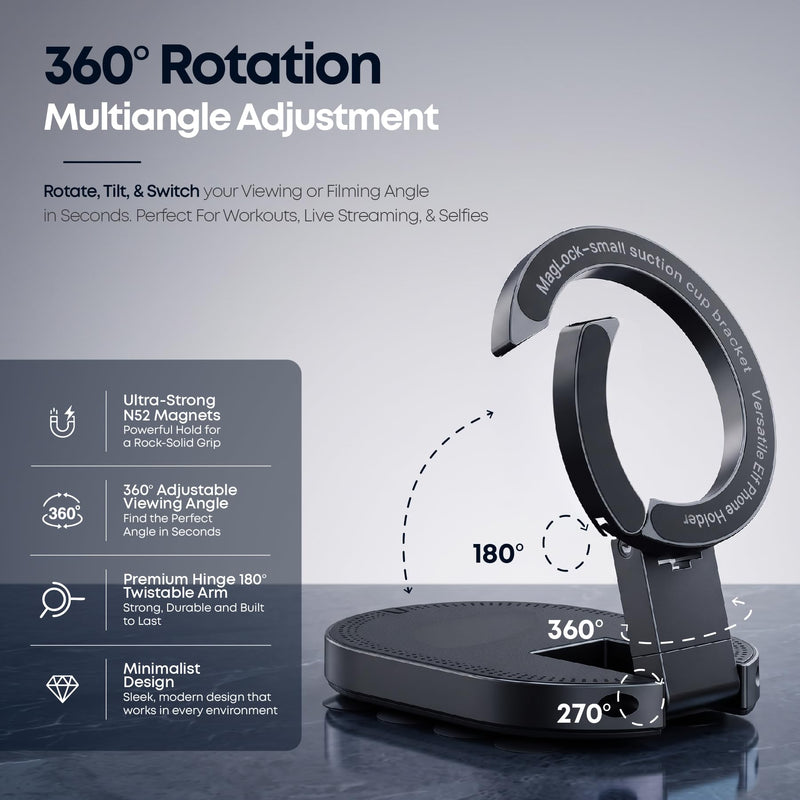 ALCOVA MagLock 3-in-1 Suction Magnetic Phone Holder for MagSafe | Phone Tripod Mount with Carabiner Clip, Compatible with iPhone 17-12, Ideal for Car Dashboard, Gym, Kitchen, Office