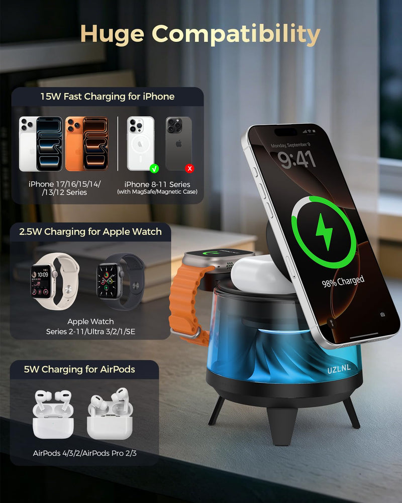 3 in 1 Wireless Charging Station for Apple Devices,Mag-Safe Charger Stand,Magnetic Wireless Charger Station,RGB Ambient Light,for iPhone 17 Pro Max 16 15 14 13 12,AirPods & Apple Watch Series