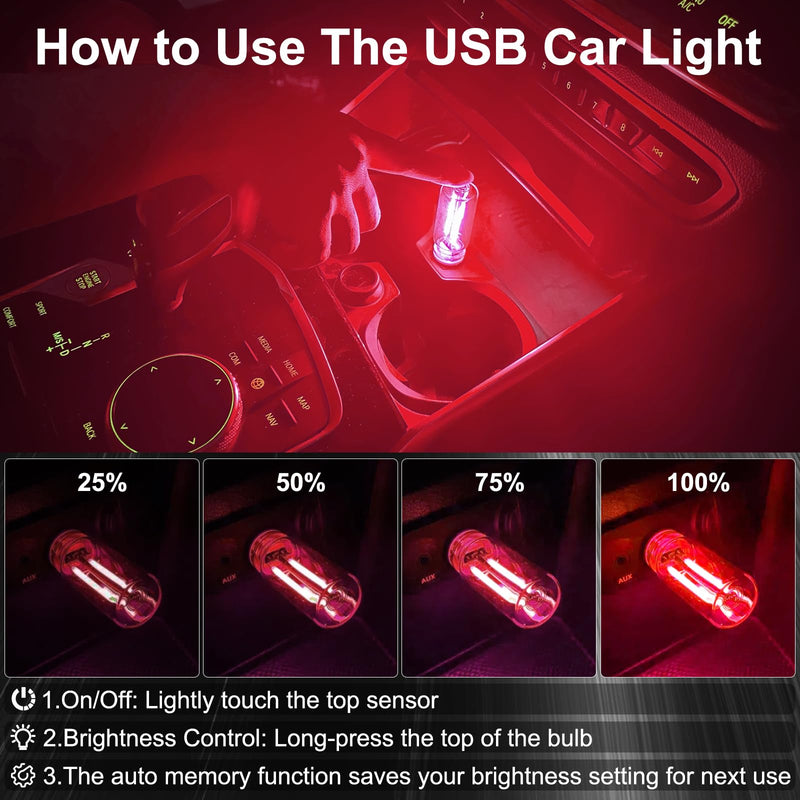 LYCARESUN 2 PCS Car USB Night Light Bulb, Touch Dimmable Car Interior Ambient Lights, Portable Mini USB Retro Glass Bottle Lamp Decorations for Vehicle, Bedroom, Hallway, Camping (Red) red