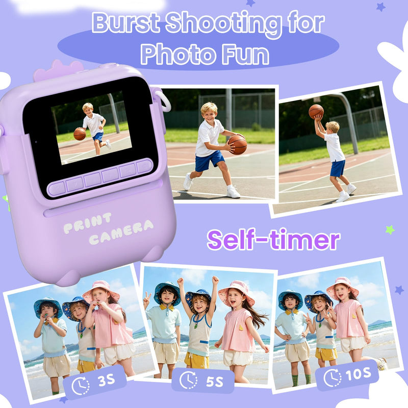 Kids Camera Instant Print, 3 4 5 6 7 8 9 10 11 Year Old Girl Birthday Gift | 1080P HD Video Digital Instant Camera for Kids with Silicone Cover & 5 Rolls of Printer Paper (Purple) Purple