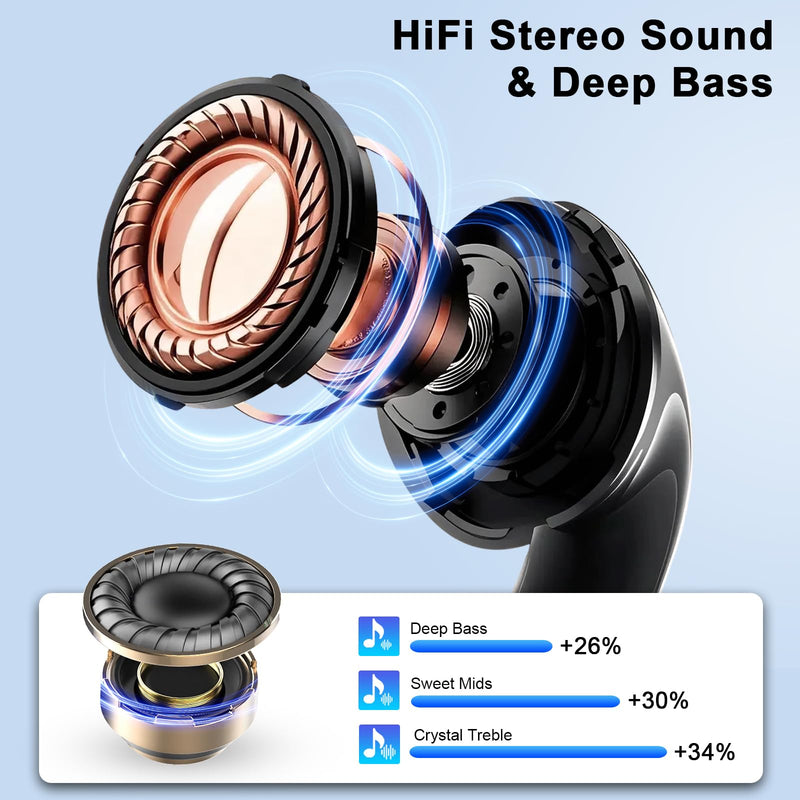 Wireless Earbuds Stereo Sound in Ear Headphones, 47H Playtime, LED Display | Noise Cancelling EarBuds Deep Bass with 4 Mic ENC Clear Calls, Bluetooth 5.4 Headphones, Touch Control, IP7 Waterproof Black Gold