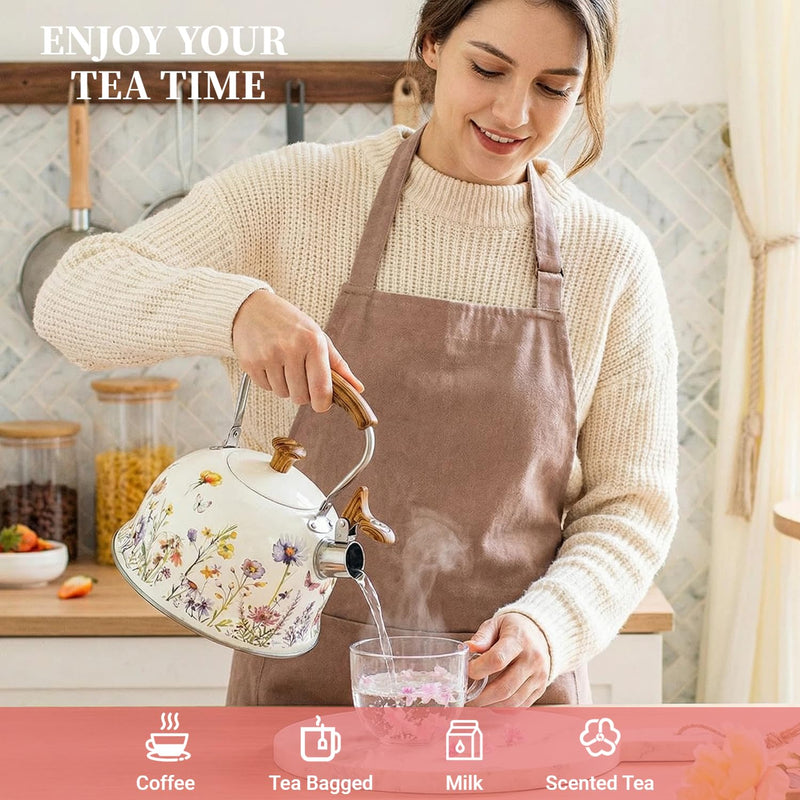 Tea Kettle for Stove Top, 2.7 Quart Whistling Kettle with Floral Pattern for Boiling Water Coffee or Milk, Stainless Steel Tea Pots with Wood Pattern Folding Handle, Work for All Stovetops White and Purple
