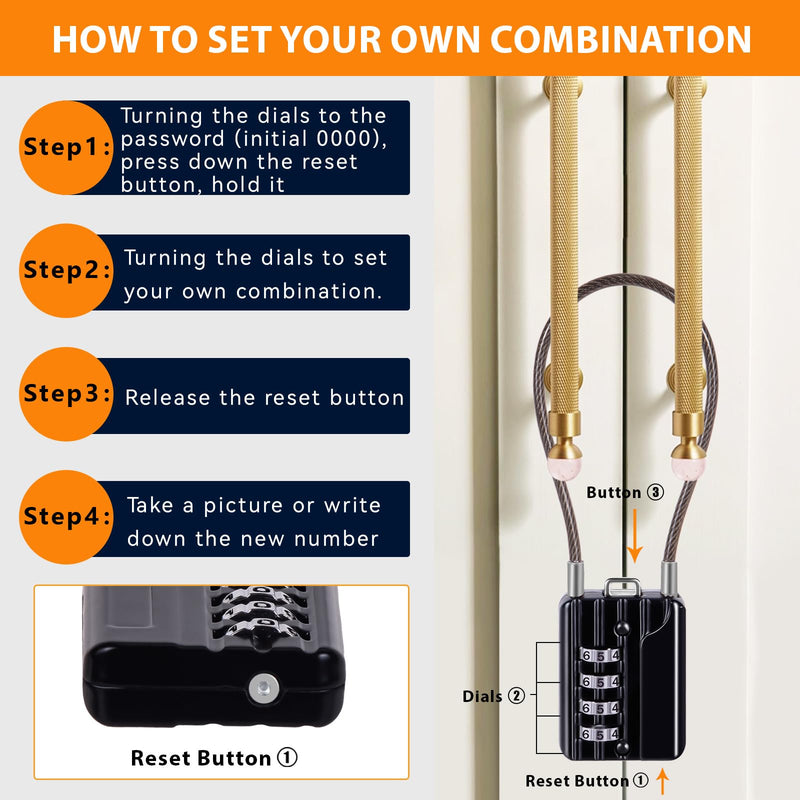 SEPOX® 12PK Metal Combo Padlock, Resettable 4-Digit, Extra Long Cable 7" | Compact Design for Suitcase Gym Locker Toolbox, Set Your Own Password, Combination lock w/ Vinyl Steel Flexible Cable Durable Black Long 12pcs