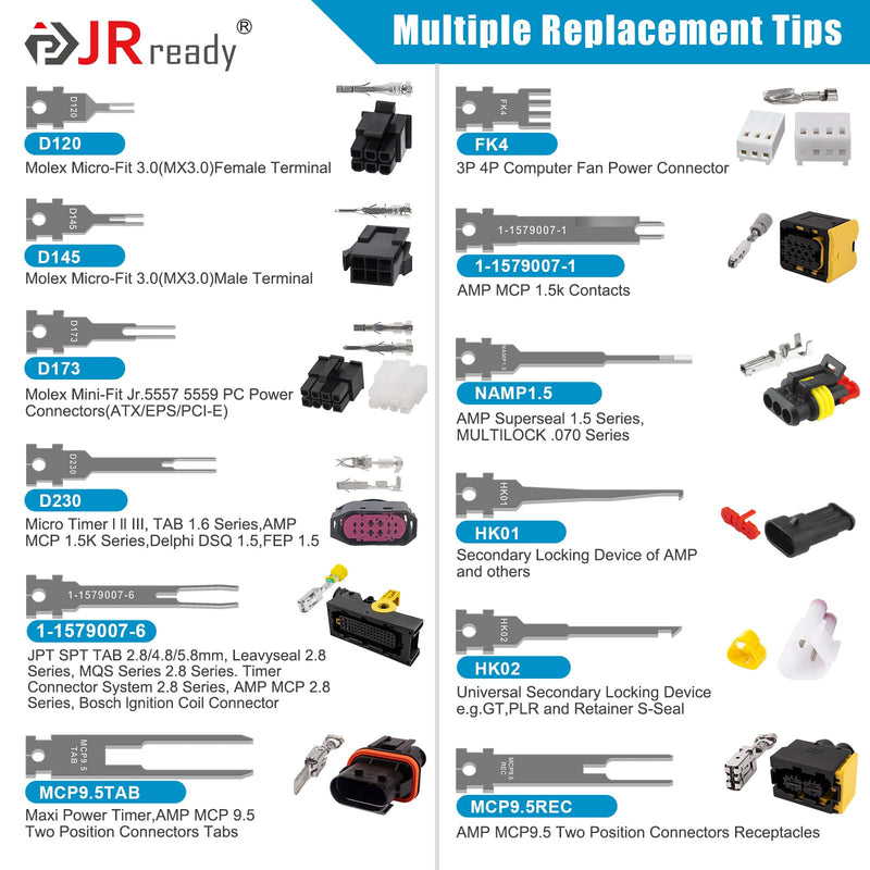 JRready ST5349 Pin Removal Tool Kit, 24PCS Replacement Pin Extractor Tools, Comprehensive Electrical Terminal Release Tool Set for Deutsch, AMP/TE, Molex, Delphi, JST, Harting Connectors 24pcs Pin Removal Tools