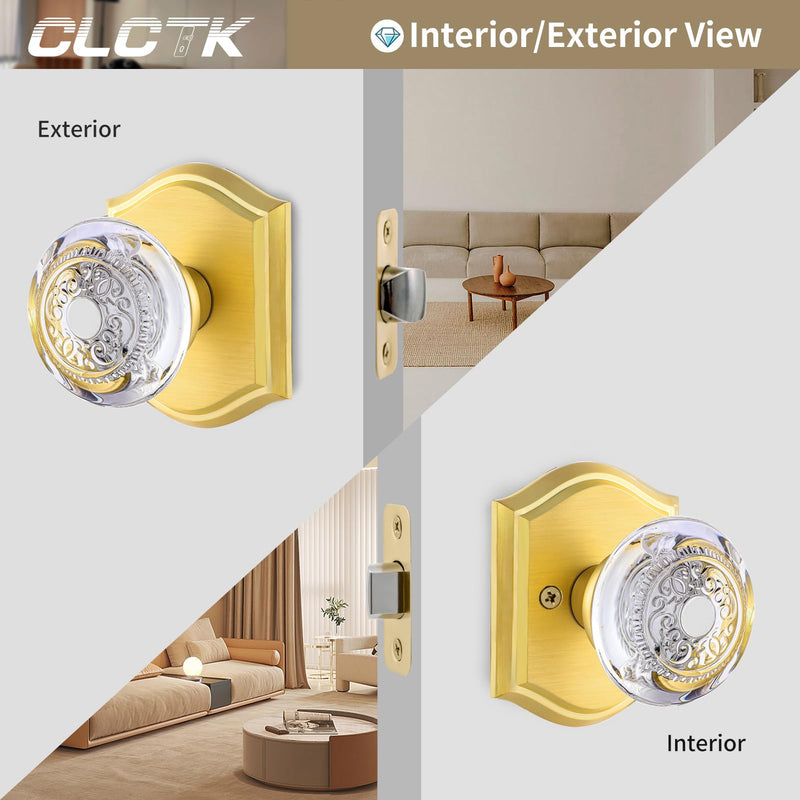 Gold Crystal Glass Door Knob Interior, Brushed Gold Passage Door Knobs for Closet Hall, Satin Brass Passage 1 Pack