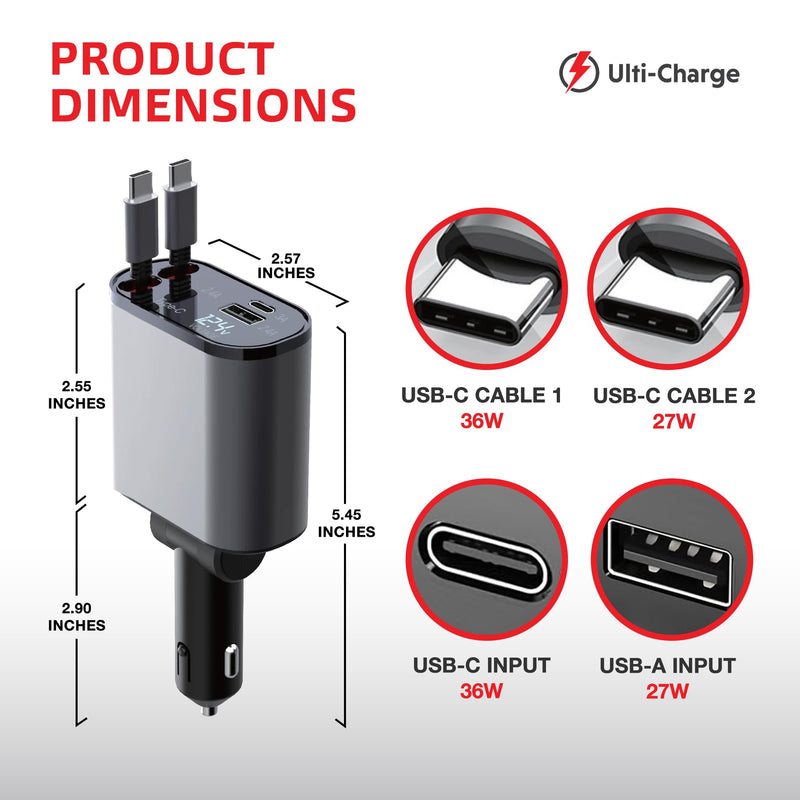 Ulti Charge Car Phone Charger 120W Fast Charging Retractable Cigarette Lighter USB C Charger, 4‑Port USB‑C & USB‑A Dual USBC Charging Block for iPhone, Galaxy, Tablets, Laptops Retractable USBC x2