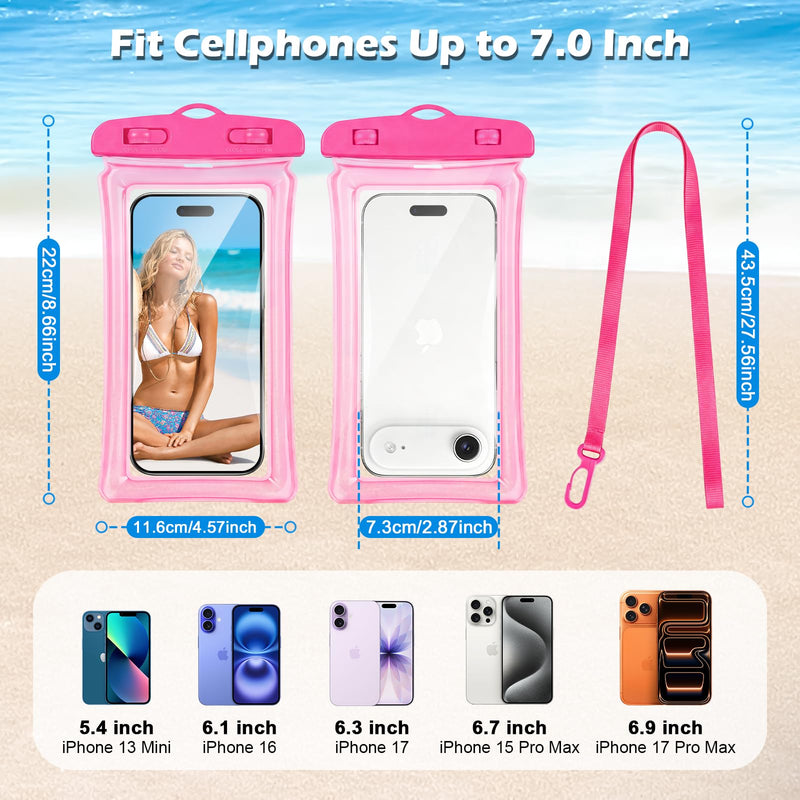 DLseego 2pc PVC Floating Waterproof Phone Pouch with Lanyard (Pink+White) | Universal Case for iPhone 17 16 15 13 Pro Max Up to 7", Beach Cruise for Apple iPhone,Samsung,and More Pink+White