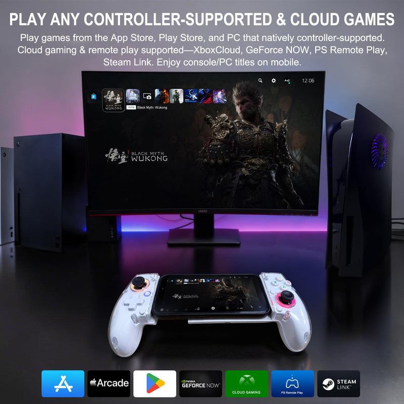 Joso Phone Controller for iPhone (All Model) & Android, Enhanced Grip, Case-Friendly Wireless Mobile Gaming Controller with 7 Color Lights, Turbo, 6-Axis, Dual Vibration