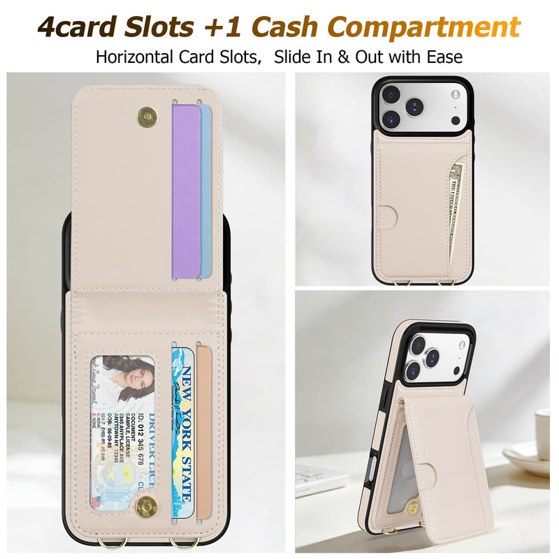 LOHASIC for iPhone 17 Pro Max Wallet Case with Strap, Card Holder, Beige | 4 Card Slots & Cash Slot, Crossbody Strap Removable, Wrist Strap, RFID Blocking, Kickstand, Vegan Leather Phone Case