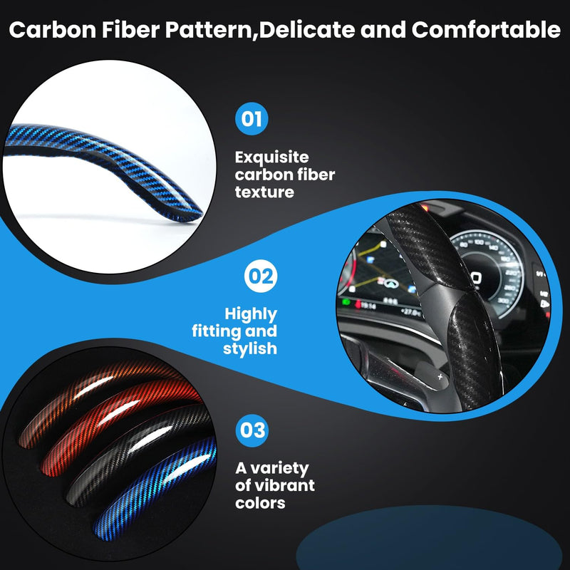 Carbon Fiber Steering Wheel Cover 3PCS Set – Anti-Slip, Scratch-Resistant, Universal Fit for 14–16 Inch Wheels – Interior Car Accessories for Cars, SUVs, Trucks (Black) Black