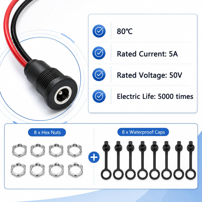 8 PCS 5.5 x 2.1mm Female DC Power Jack Threaded Female Panel Mount Barrel Connector Adapter with 6 Inch 20 AWG Pre-soldered Wires and Waterproof Cover Cap