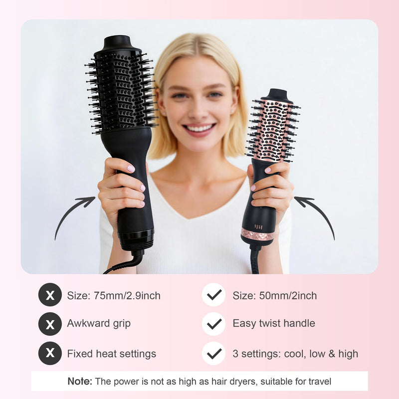 Hair Dryer Brush Travel Hot Air Brush 2 Inch Oval Blow Dry Hair Brush, 4 in 1 Mini Blow Dry Brush for Drying Smoothing Curling Volumizing, 2 Speed and 3 Heat, 220-240V UK Plug