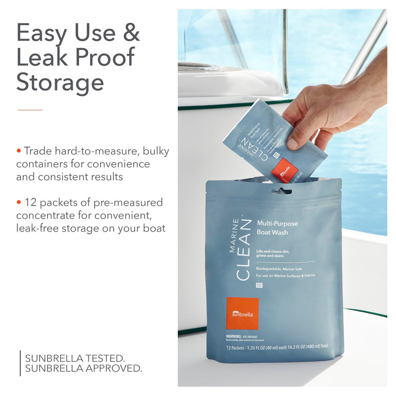 Sunbrella Marine Clean Multi-Purpose Boat Wash | Powerful Concentrated Formula | Clean Your Entire Boat | Removes Dirt, Grime | Safe for Fiberglass, Vinyl, Metal & More | 12 Individual Packets