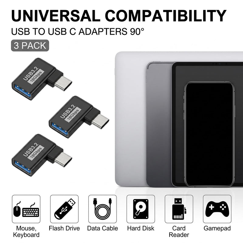 3 Pack USB C 90 Degree Adapter, USB 3.0 Adapter Right Angle Type C Male