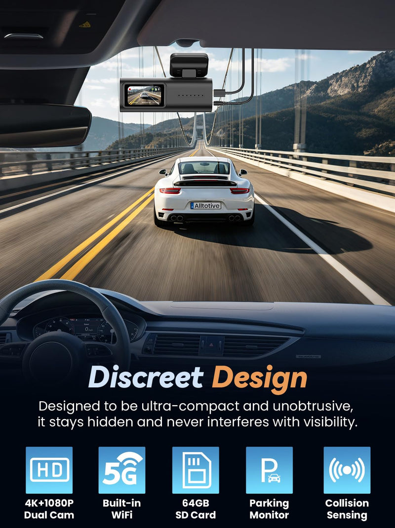 Dash Cam Front and Rear 4K+1080P, Dual Dashcam with 64GB Card | 5GHz WiFi, App Control, 1.47" IPS Screen, 24H Parking Mode, Night Vision, 170° Wide Angle, G-Sensor, WDR, Car Camera