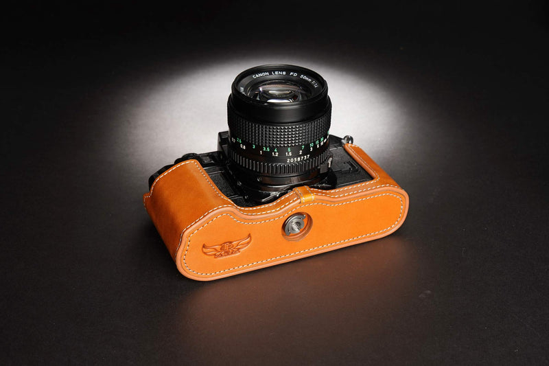 A-1 Case, BolinUS Handmade Genuine Real Leather Half Camera Case Bag Cover for Canon New AE-1 AE-1P A-1 (with Handle) Camera with Hand Strap (Yellow) Yellow