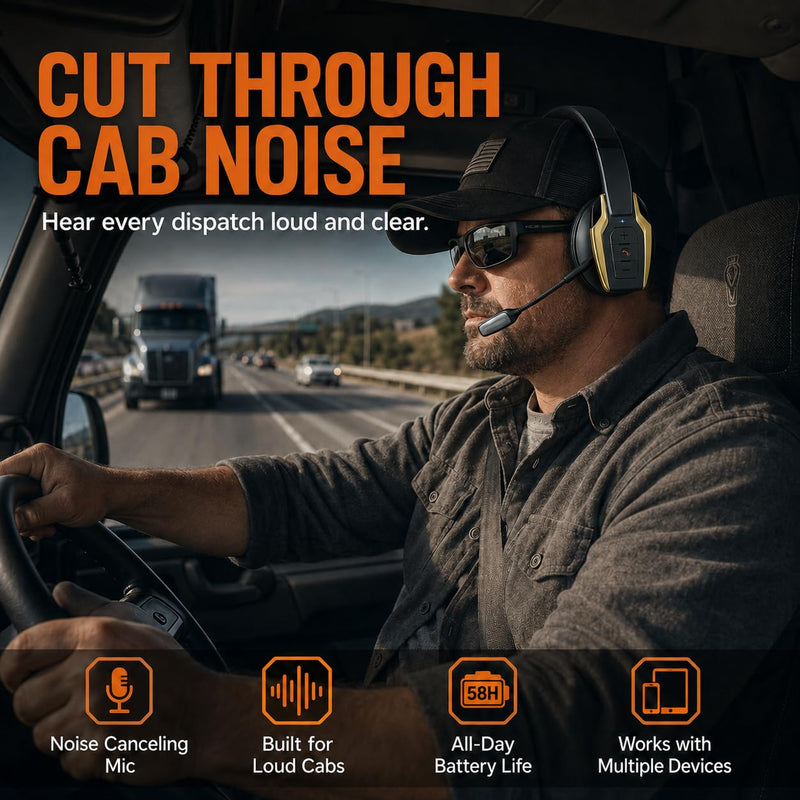 Trucker Bluetooth Headset, Bluetooth 6.0 Wireless Headset with ENC Noise Cancelling Mic, 58H Play Time, Hands-Free Headset for Truck Drivers, Office Calls & Driving-Gold Gold