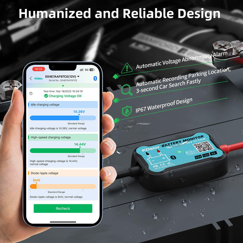 6V 12V 24V Bluetooth Battery Monitor BM7–Work for All Lead-Acid & Lithium Battery with Charging, Cranking System Test & Auto Alarm – Waterproof Voltmeter for Cars, Vans, Trucks, Motorcycles, Boats For 6-24V Lead-Acid & Lithium Battery