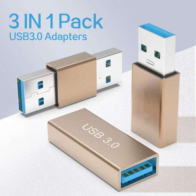 (3 Pieces) USB 3.0 Adapter kit, Support Charging and Data Transfer, High Speed Extension Coupler Converter Extender Connector, Female to Female, Male to Male, Male to Female USB Adapter - GOLD