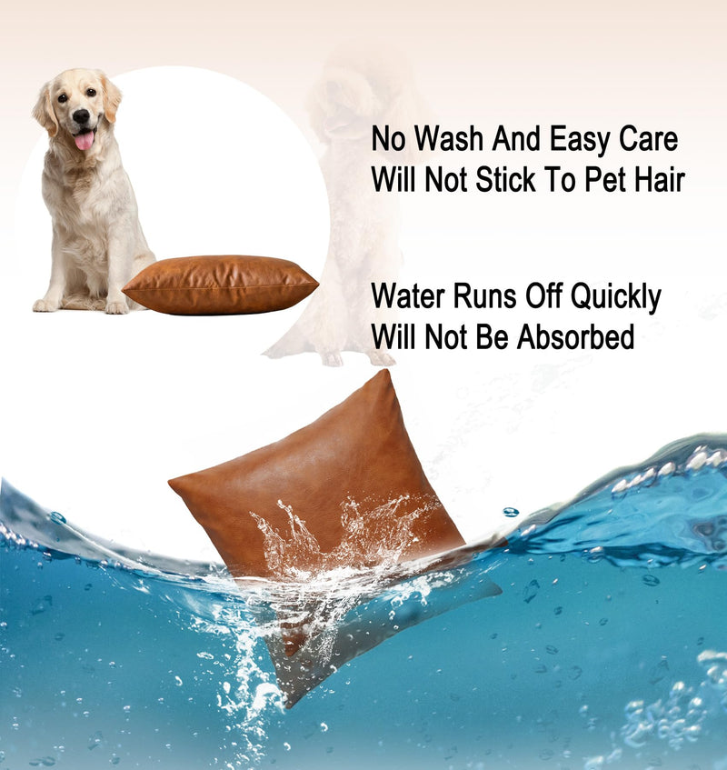 Faux Leather Throw Pillow Covers 18X18 Inch Set of 2 Brown Outdoor Modern Farmhouse Solid Decorative Pillow Covers for Room Couch Living Bedroom Bed Sofa 18" x 18" (Pack of 2)