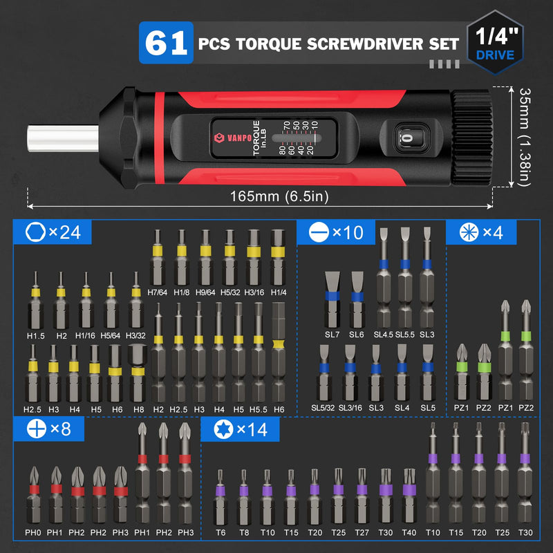 VANPO Torque Screwdriver, 10-80In-lb Torque Screw Driver Wrench Driver Set, 1/4” Drive Inch Pounds Torque Wrench Screwdriver with 60 S2 Bits for Maintenance, Tools, DIY, Bike Repairing and Mounting