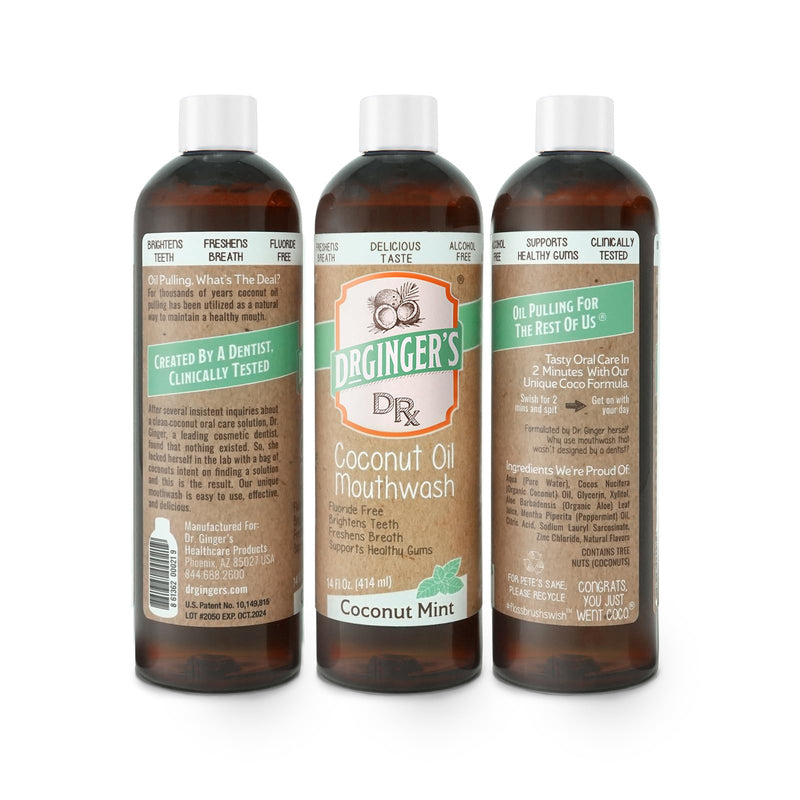 Dr. Ginger's Coconut Oil Mouthwash, Fluoride Free, Alcohol Free & Dye Free, Coconut Mint, Organic Coconut Oil + Xylitol + Aloe, Freshens Breath in 2 Minutes, 14 fl oz, 2 Pack 14 FL Oz (Pack of 2)