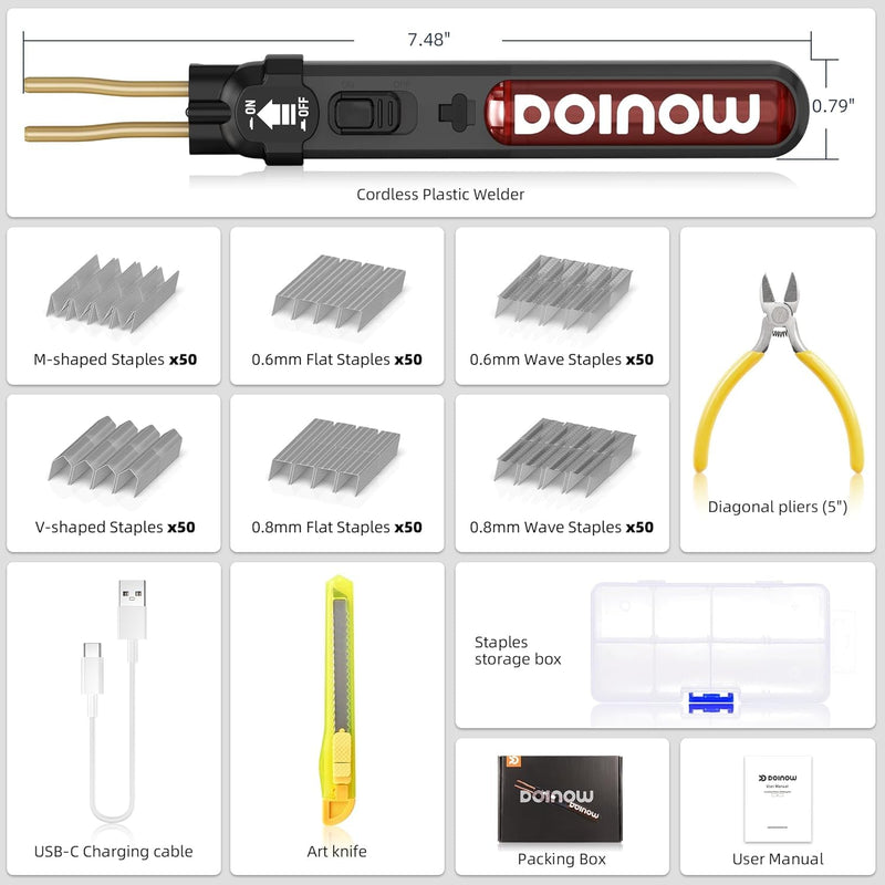 Cordless Plastic Welder Kit, DOINOW Portable Plastic Welding Kit with 300 Hot Plastic Stapler, USB-C Charging, Plastic Repair Kit for Bumper and Plastic Repairs, Gift for Dad, Mom, DIYer, Women, Men