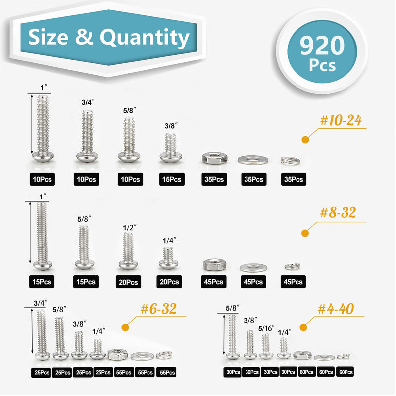 Kadrick 304 Stainless Steel Screws,920Pcs Machine Screw Assortment,#4-40#6-32#8-32#10-24 Assorted Phillips Pan Head SAE Screws Nuts & Washers Set,Bolts and Nuts Kit SS #4-#10 920Pcs