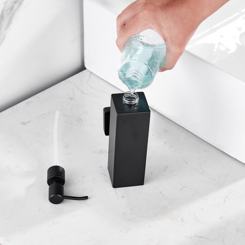 BATHSIR Matte Black Soap Dispenser, Refillable Shower Soap Dispenser Wall Mounted, Stainless Steel Clear Hand Soap Dispenser with Pump for Bathroom Kitchen Sink Dish (Square 200ML) square