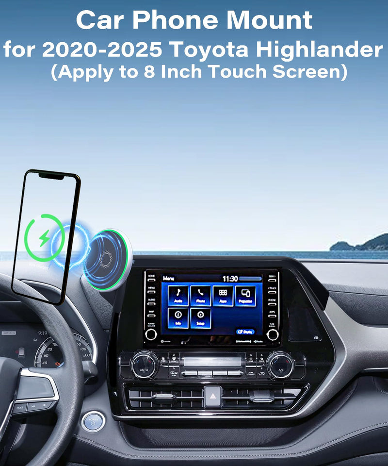 Car Phone Mount for 2020-2025 Toyota Highlander 8" Screen Accessories | MagSafe 15W Fast Wireless Charger Cell Phone Holder,360° Rotatable 3D Fit Navigation Clip-On Cradle,will Not Block Air Vents fit for 2020-2026 Toyota Highlander(8 Inch Screen)