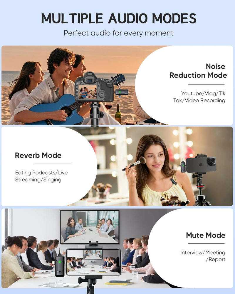 Wireless Microphone for iPhone/iPad, 3-in-1 Bluetooth Lavalier Mic with Noise Reduction, Plug & Play Lapel Clip for TikTok YouTube Podcast Vlog Recording