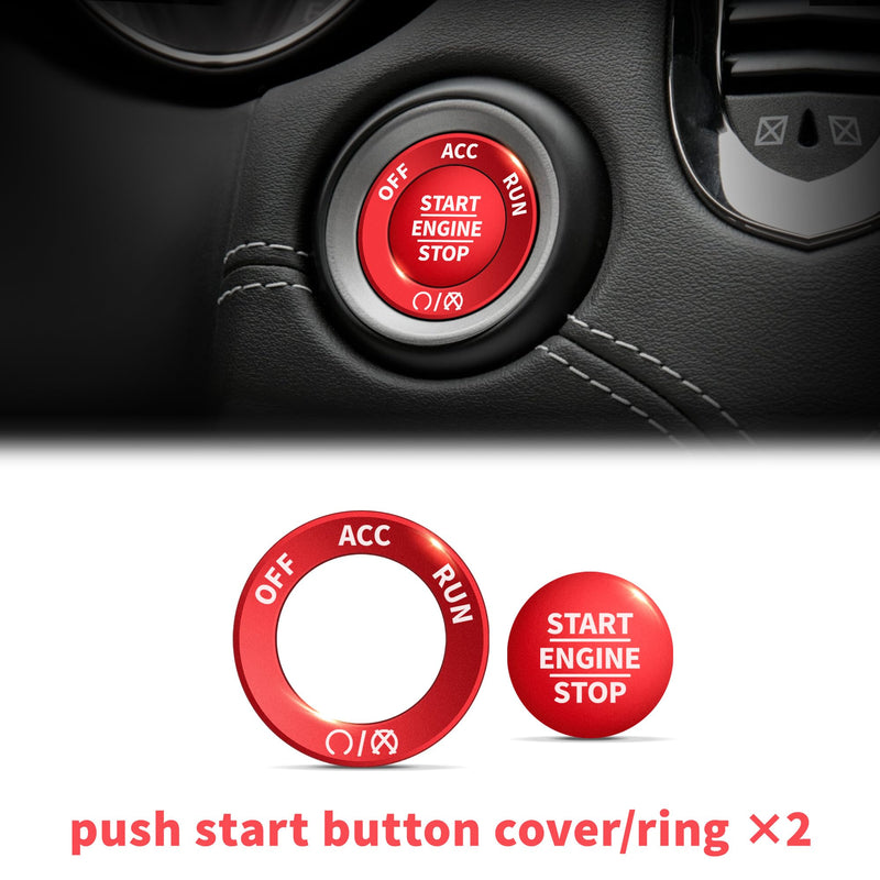 Interior Accessories for Dodge Durango 2021-2025, 6pcs Aluminum Alloy Trim Set - Push Start Button Cover/Ring, A/C, Volume Tune, Headlight Switch Knob Covers (Red) Red