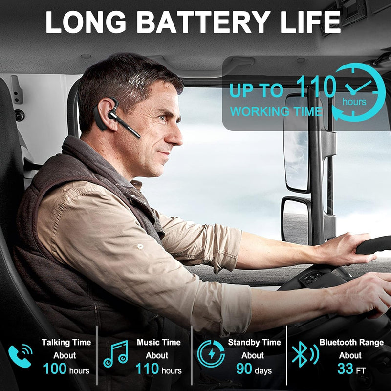Bluetooth Headset V5.1,Wireless Bluetooth Earpiece with CVC8.0 Dual Mic Noise Cancelling,500mAh Battery for 110H Work Time,Handsfree Earphones for Cell Phones/PC for Business Office/Driving