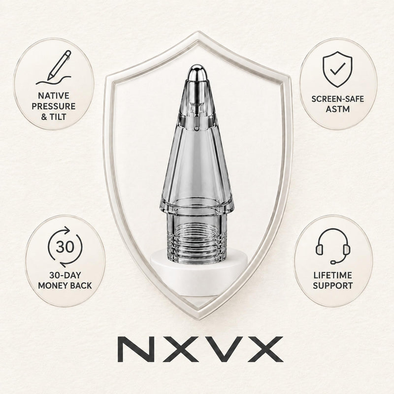 NXVX Replacement Tips for Apple Pencil, Bullet Tip, 6-Pack, Grey | Smooth-glide pointed nib for glass and screen protectors, durable metal, fits all generations, see-through storage case M11 6-Pack Bullet Tip Engineered Grey