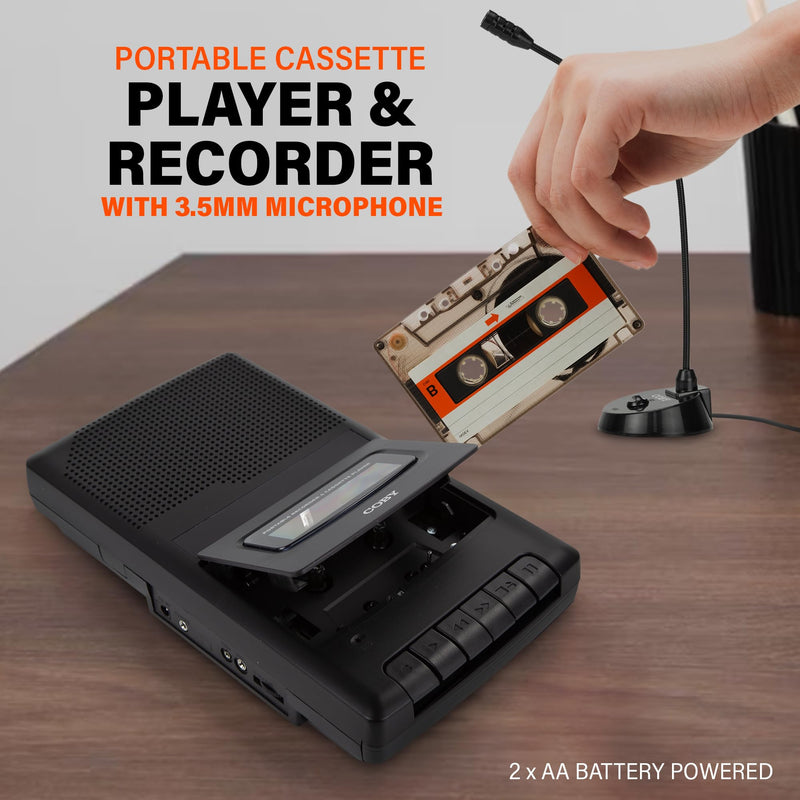 Coby Portable Cassette Player and Tape Cassette Recorder with Built-in Microphone, Built-in Handle, and One-Touch Recording with Automatic Stop (Bundle w. Mic)