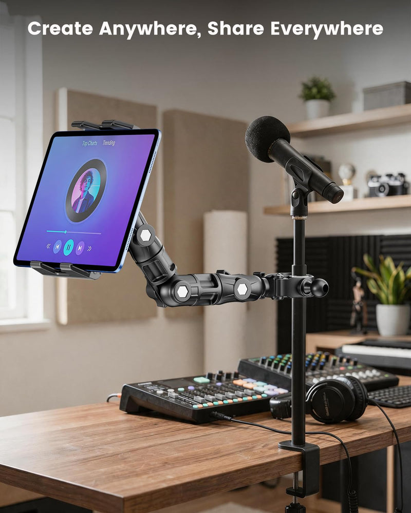 OHLPRO Tablet Holder for Mic Stand, 360° Adjustable Long Arm Tablet & Phone Mount with Clamp, for Treadmill Handlebar, Peloton Bike, Stroller, Wheelchair, Fits 5–13" Devices 5-13"