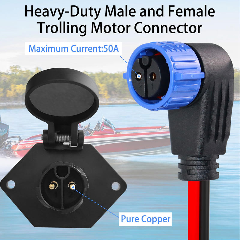 Trolling Motor Plugs for Minn Kota,50A Trolling Motor Plug Receptacle Set for Marine Boat Down Rigger Fishing Reel,2-Wire 8 Gauge Male & Female Watertight Quick Connect 12V/24V/36V/48V 2-Prong,Elbow (1pk blue)