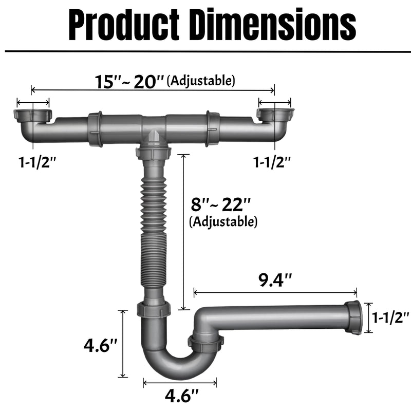 1-1/2" Double Kitchen Sink Drain Pipe kit, Expandable and Flexible P-Trap, Wall-Outlet, Completed Sink Pipe Replacement Kit