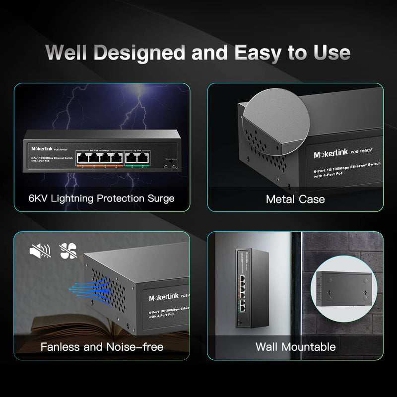 MokerLink 6 Port PoE Switch with 4 Ports PoE+, 2 Fast Ethernet Uplink, 10/100Mbps, 78W High Power, Support IEEE802.3af/at, Fanless Metal Plug & Play PoE+ Network Switch 4 PoE + 2 FE