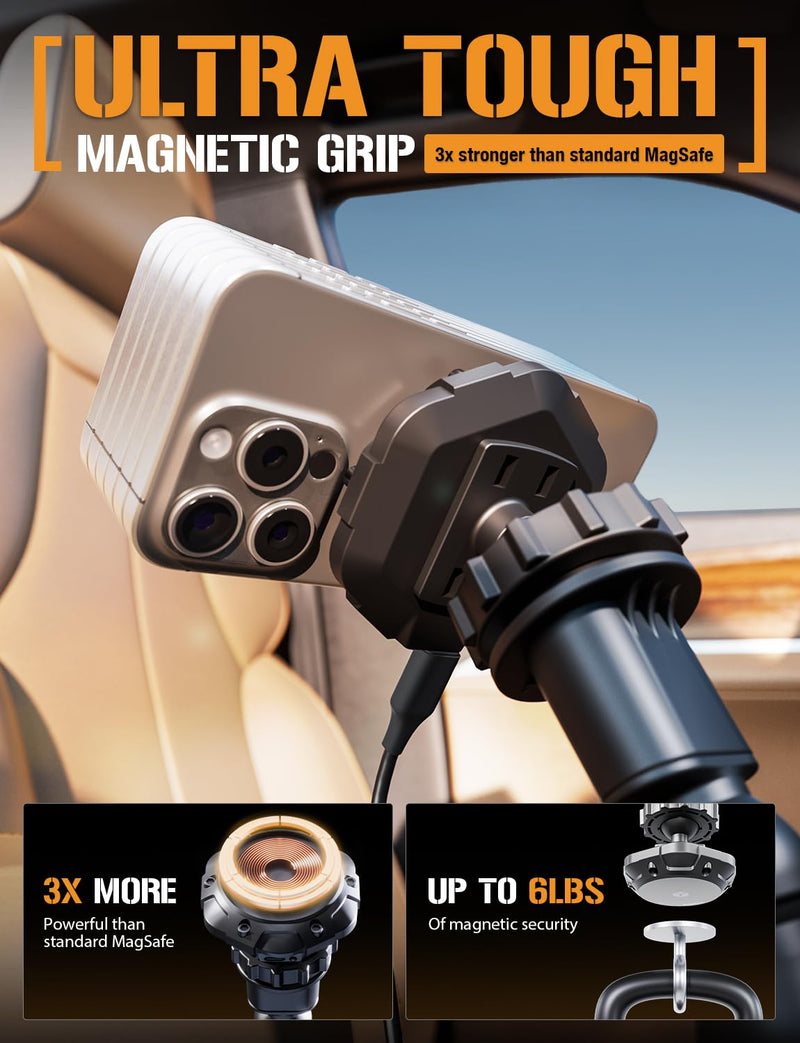 MagTough MagSafe Cup Holder Phone Mount, 15W Wireless Charging | 15W wireless charging cup holder phone mount with flexible Python arm for iPhones, Qi2 devices, and magnetic cases