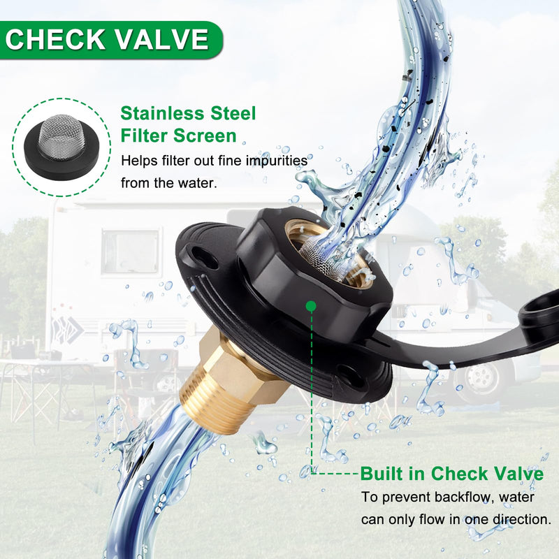 RV City Water Inlet Connection with Brass Threaded Check Valve and Dustproof Cover Leak-Proof Inlet Hose Adapter for Fresh Water Fill Compatible with Camper Trailer Motorhome Marine (Black S) Small-black