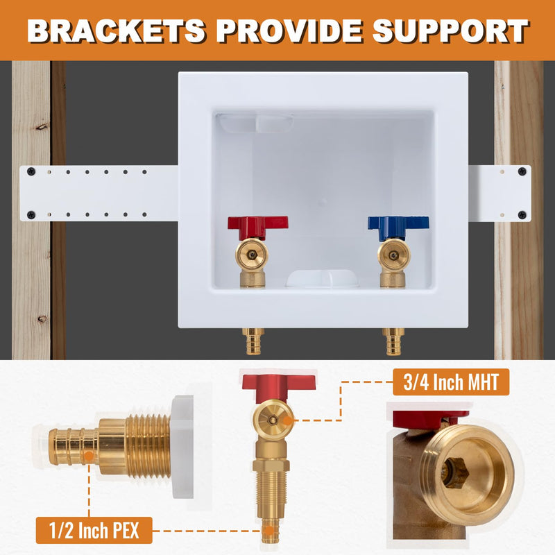SUNGATOR Pex Washing Machine Outlet Box with Center Drain, Laundry Washer Valve Box, 1/2 Inch Pex Crimp Inlet x 3/4 Inch MHT Outlet，with 4 Crimp Rings