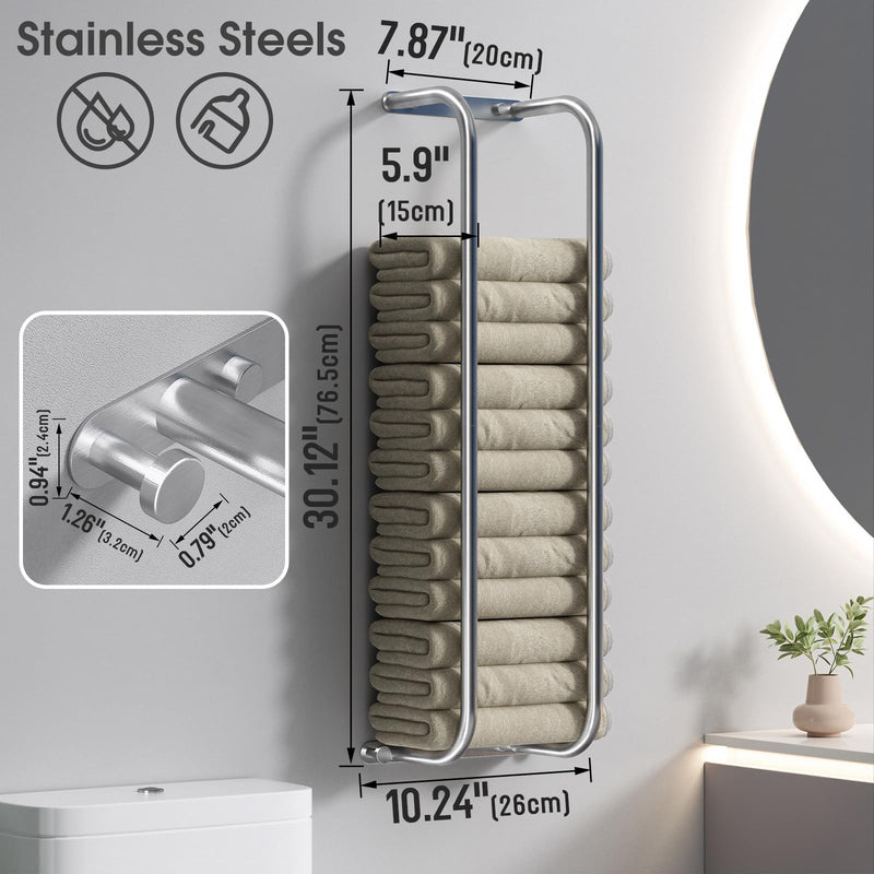 Danpoo Towel Racks for Bathroom Wall Mounted, Towel Storage Organizer, Stainless Steel Bath Towels Holder for Rolled Towels, with 2 Hooks, Brushed Silver