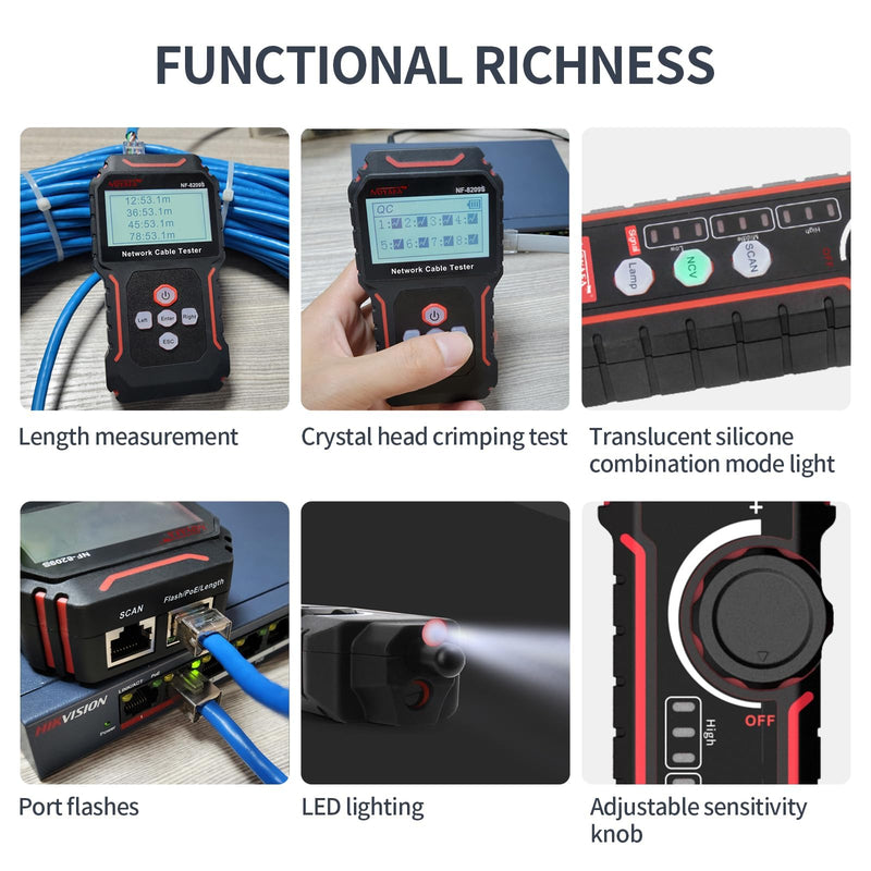 NOYAFA NF-8209S Network Cable Tester, Ethernet Cable Tester with CAT5, CAT6 Line Tracer, PoE, NCV, Length Test, Port Flashing, Fault Line Scan for Cable Grooming, LAN Network Cable Tracer Kit NYF-NF8209S